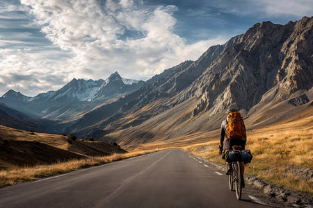 A Thrilling Journey Through Majestic Mountains and Scenic Landscapes on a Biking Adventure Amidst Natures Breathtaking Beautyの素材