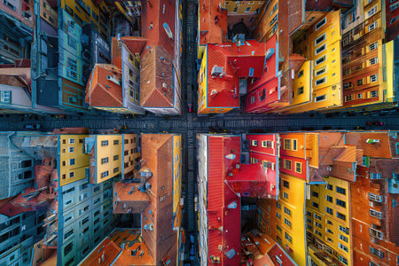 Aerial View of Colorful Urban Architecture with Vibrant Rooftops and Narrow Streetsの素材