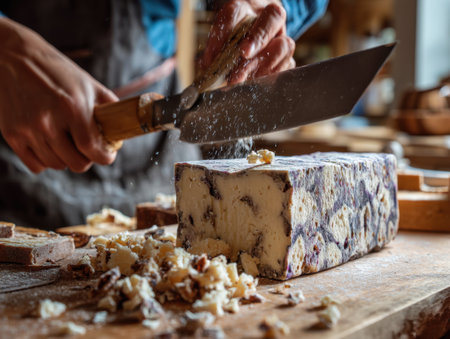 A Skilled Craftsman Slicing Through Mottled Cheese on a Rustic Wooden Surface in a Cozy Kitchenの素材
