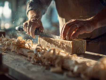 A Craftsman Skillfully Shaping a Wooden Block with Precision Tools,の素材