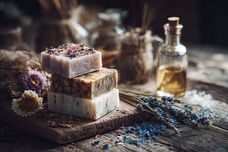 Aromatic Handmade Soap Bars with Dried Flowers and Essential Oil in a Rustic Settingの素材