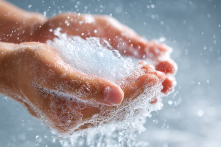 Refreshing Water Splashing in Hands, Creating Beautiful Bubbles and Foam, Highlighting the Joy of Cleanliness and the Essence of Natures Purest Elementの素材