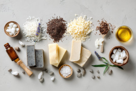 A Comprehensive Display of Natural Ingredients for Homemade Soap Making: Exploring Oils, Butters, and Additives for Crafting Unique Skincare Productsの素材