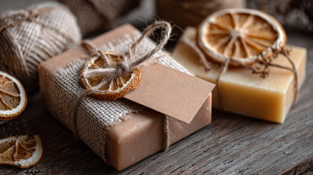 Artisan Soap Bars Wrapped in Natural Materials with Dried Citrus Garnishes and Simple Brown Tags for a Rustic Aestheticの素材