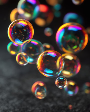 Vibrant Soap Bubbles Captured in a Stunning Close-Up with a Spectrum of Colors Reflectingの素材