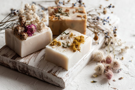 Aesthetic Arrangement of Handcrafted Soaps Adorned with Dried Flowersの素材