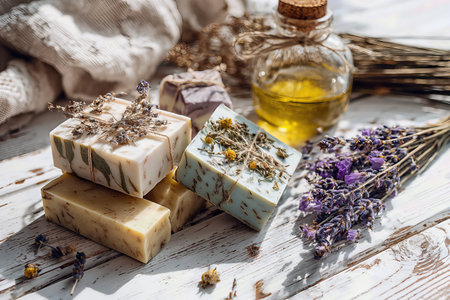 Artisan Soaps Displayed with Lavender, Essential Oil, and Dried Flowers,の素材