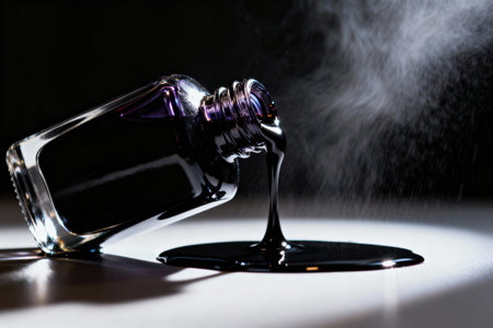Spilled black ink bottle on white surface with vapor effectの素材