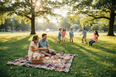 Caucasian family enjoying picnic and playtime in sunny park settingの素材