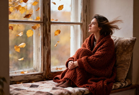 Young caucasian female relaxing by window with autumn leaves outsideの素材