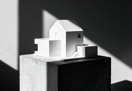 Minimalist architectural model in dramatic lightingの素材