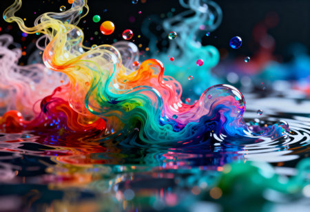 Vibrant colorful liquid swirls and droplets in motionの素材