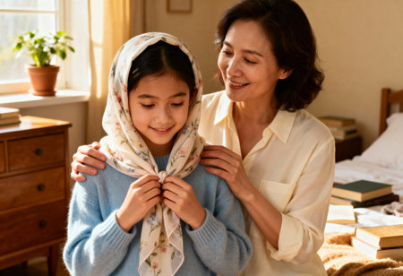 Mother and daughter bonding at home with floral scarf on sunny dayの素材