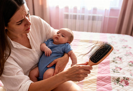 Concerned mother holding baby and hairbrush with hair loss in bedroom settingの素材