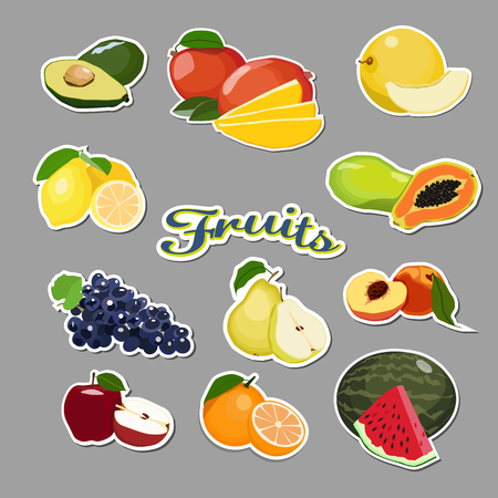 Set of fruits stickers isolated on gray background.のイラスト素材