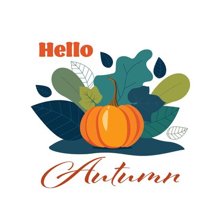 A cute orange pumpkin surrounded by colorful leaves. Simple flat cartoon illustration, Hello autumn illustration,のイラスト素材