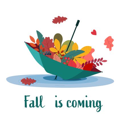 An umbrella full of colorful autumn leaves. Fall is coming. Flat cartoon style vector illustration.のイラスト素材