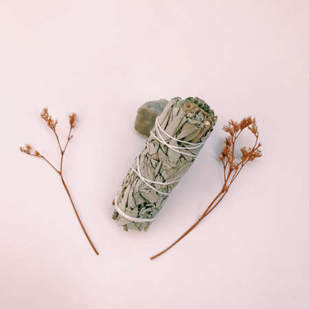 Natural incense White Sage. Sacred tree of South America, color square photo.White Sage on white background.の写真素材