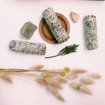 Natural incense White Sage. Sacred tree of South America, color square photo.White Sage on white background.の写真素材