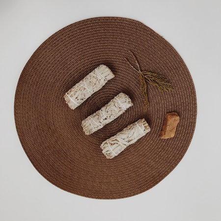 Natural incense White Sage. Sacred tree of South America, color square photo.White Sage on white...