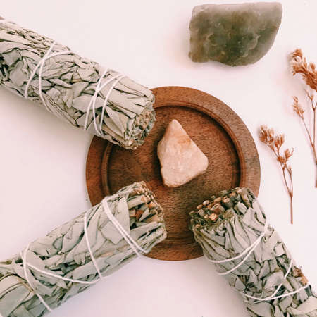 Natural incense White Sage. Sacred tree of South America, color square photo.White Sage on white background.の写真素材