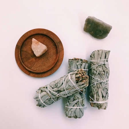 Natural incense White Sage. Sacred tree of South America, color square photo.White Sage on white background.の写真素材