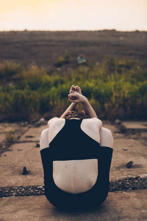 Surrealistic portrait of beautiful woman in nature, art and fashionの写真素材