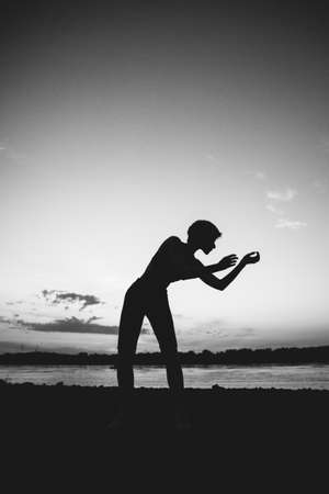 Silhouettes of Beautiful Girl, Black and white art fashion surrealistic portraitの写真素材