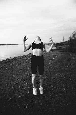 Silhouettes of Beautiful Girl, Black and white art fashion surrealistic portraitの写真素材