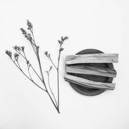 Natural incense White Sage and Palo Santo. Sacred tree of South America, color square photo.White Sage and Palo Santo on white background.の写真素材