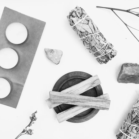 Natural incense White Sage and Palo Santo. Sacred tree of South America, color square photo.White...