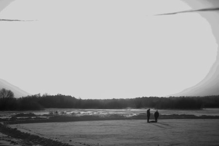 Black and white minimalistic lake landscape on a summer morning.の写真素材