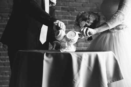 wedding photo, wife and husband's wedding walk, beautiful joint photo of newlywedsの写真素材