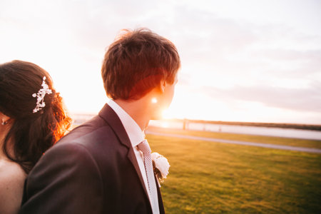 wedding photo, wife and husband's wedding walk, beautiful joint photo of newlywedsの写真素材