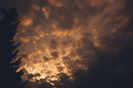 incredibly beautiful textured sky, colorful landscape of clouds in an orange skyの写真素材