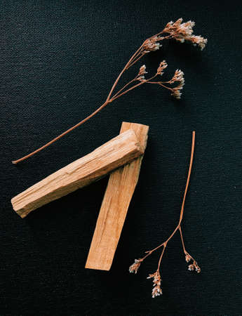 Scattered sticks of Palo Santo tree on a dark background. Top view. Organic holy tree incense from Latin America. Color photo close-up of natural frankincense.の写真素材