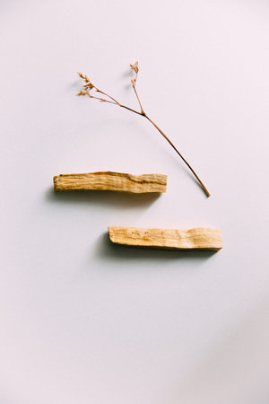 Natural incense White Sage and Palo Santo. Sacred tree of South America, color square photo.White...