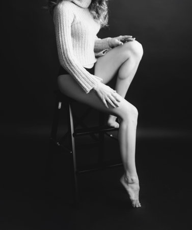 Details of body black and white portrait of beautiful girl, fashion and art