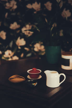 tea meditation, brewing Chinese tea on a tea tray. minimalism and the concept of abstract tea backgroundの写真素材