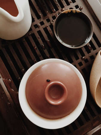 tea party at home, beautiful abstract tea background, tea ceremony close-upの写真素材