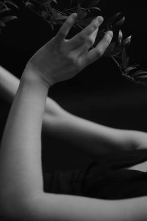 Black and white art fashion surrealistic portrait of beautiful woman with plants and flowersの写真素材