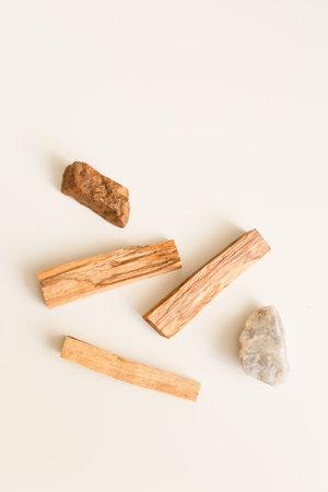 Incense of Palo Santo, the layout of sticks on a white background. Meditation backgroundの写真素材