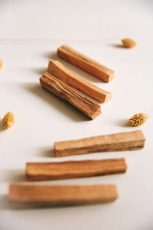 Natural incense White Sage and Palo Santo. Sacred tree of South America, color square photo. White Sage and Palo Santo on white background.の写真素材