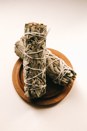 White California sage, incense, and ritual herb close-up. Layout and text space
