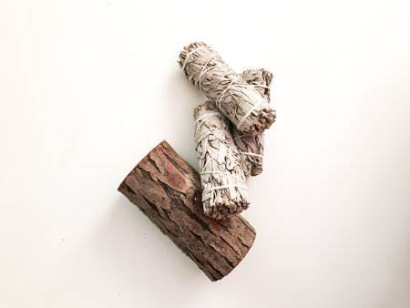 Bundle of dry white sage close-up. Product for purification, meditation and healing. Set of incense...