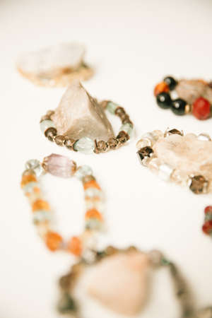 Jewelry and bracelets made of natural stones, natural minerals, top view and place for textの写真素材