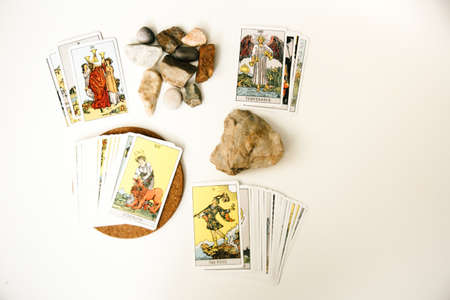 Background of tarot cards, mysticism and destiny, fortune-telling on cardsの写真素材