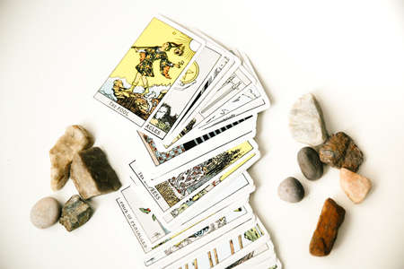 Background of tarot cards, mysticism and destiny, fortune-telling on cardsの写真素材