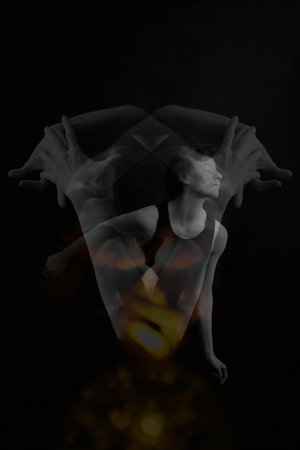 Black and white art portrait of a girl, Details of body. Creative photography of body parts, multi-exposure black and whiteの写真素材