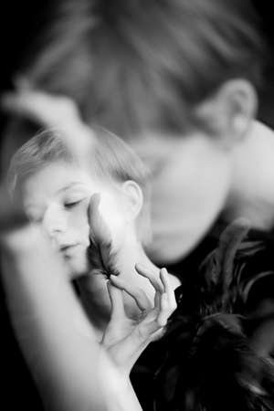 Black and white art portrait of a girl, Details of body. Creative photography of body parts, multi-exposure black and whiteの写真素材